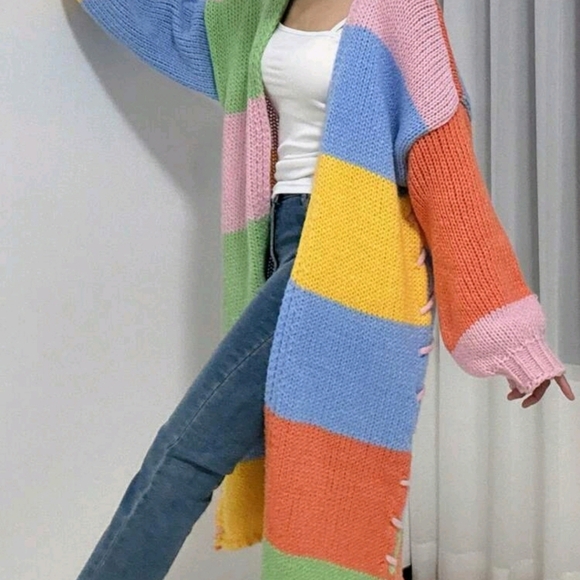Casual Rainbow Color Block Faux Crocheted Knit Cardigan, Autumn/Winter - Picture 5 of 5